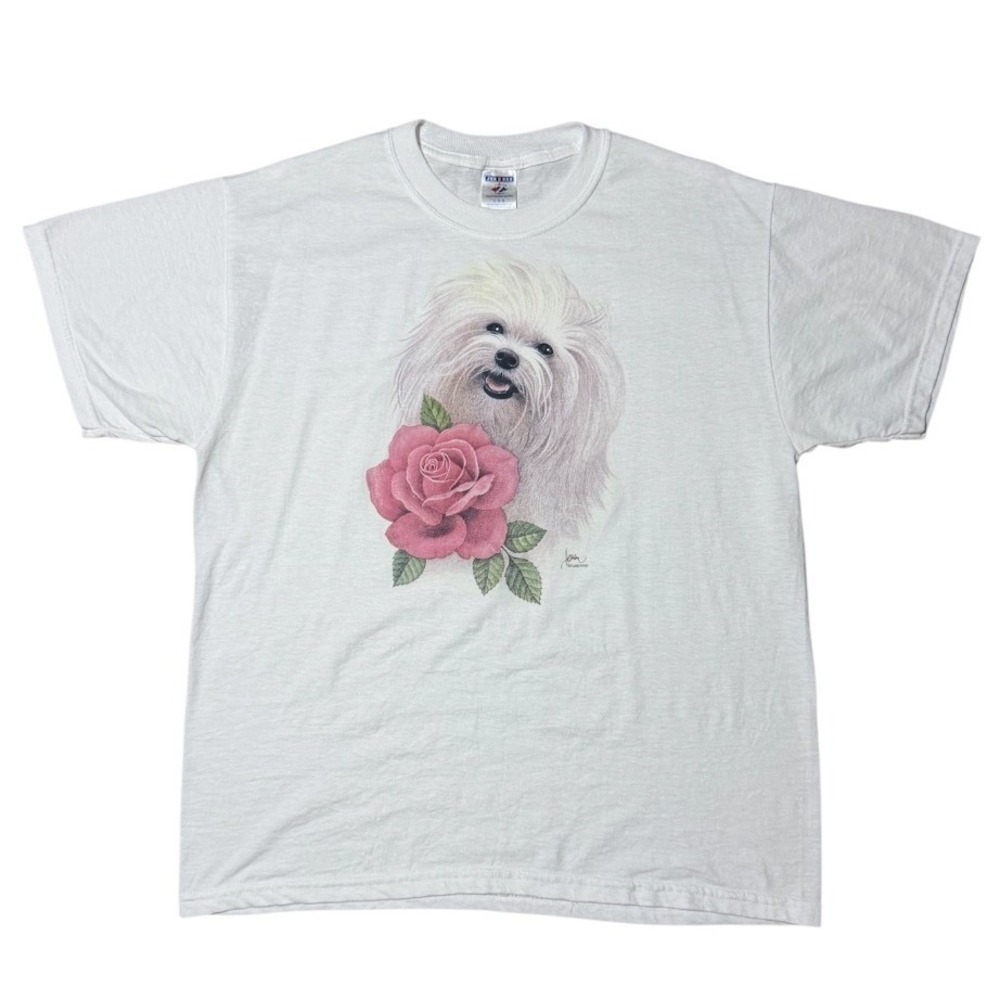 Vintage 90s Puppy Dog K9 Animal Maltese Floral Rose Art Pet Cute Graphic T-shirt